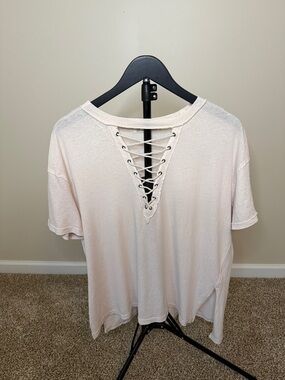 We The Free Lace-Up V-Neck Short Sleeve Top - Blush